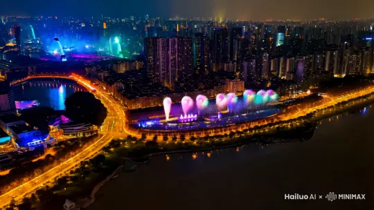 颜六色的颜色，随后展示出 2025 年的烟花字样
城市夜景里面要灯火通明，有河穿过城市，夜景上空无人机拍摄镜头由远到近拍,烟花三秒内缓缓升起，然后绽放出现五 by Hailuo AI Video Generator