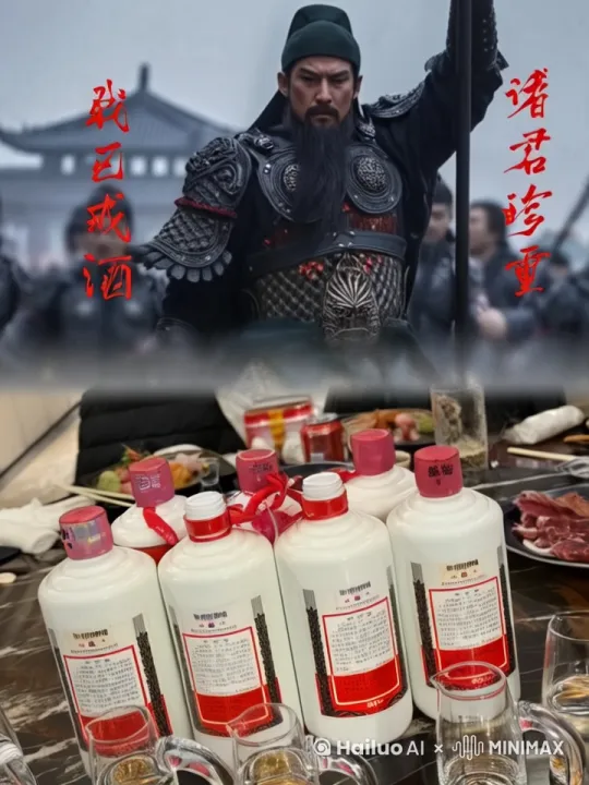 关云长举起一大甁茅台酒，仰头，一饮而尽，扔出酒瓶，面前的酒瓶全部砸碎 by Hailuo AI Video Generator