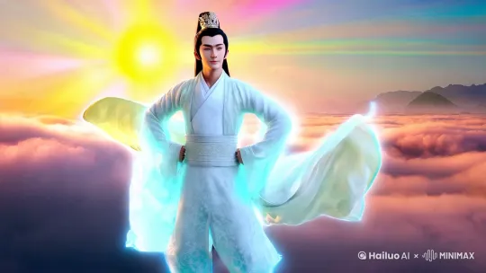 仙侠飘逸风：画面渲染出超凡脱俗的质感，一位身着月白锦袍的侠士凌于云端。袍角与束发的丝带于疾风中猎猎舞动，他负手而立，周身萦绕着淡蓝色仙芒。脚下的云朵如绵软的絮团，在阳光的勾勒下边缘泛着金边。侠士面容冷峻，眼神却澄澈而深邃，仿若洞悉世间万物。在他身后，五彩的霞光如彩带般肆意舞动，为其飞行的身姿增添了几分梦幻与空灵。
古风诗意风：以细腻笔触营造出诗意的氛围，画面中，一位身着浅青色长衫的侠士于云层间悠然飞行。长衫上绣着墨竹图案，随风而动，似有墨香飘散。他手持一柄折扇，开合间带出丝丝清风。面庞温润如玉，眉眼间透着儒雅之气。周围的云层似薄纱般轻柔，在日光的晕染下，呈现出淡淡的粉色。远处山峦连绵起伏，与天边的云霞相互映衬，构成一幅绝美的山水画卷，侠士便如从画中而来，诗意而浪漫。
神话传奇风：以宏大场景展现传奇色彩，只见一位身着赤金色战甲的侠士，威风凛凛地翱翔于云海之上。战甲上镌刻着神秘的符文，闪烁着古老而强大的光芒。他头戴紫金冠，束发的红缨随风飘扬。面庞坚毅，眼神中透着与生俱来的霸气。双手分别握着一把闪耀着雷霆之力的神剑和一面散发着祥瑞之光的宝镜。在他飞行的轨迹后，留下一道金色的光芒，如同划破天际的彗星。周围的云朵被强大的力量搅动，形成巨大的漩涡，仿佛在诉说着古老而神秘的神话传说。
热血激昂风：用强烈色彩与动态表现热血，一位身着黑色劲装的侠士，如一道黑色闪电般穿梭于云层之中。劲装上镶着红色的火焰纹路，仿佛在燃烧。他眼神炽热，充满了斗志与决心。背后背着一把大剑，剑身散发着凛冽的寒光。在飞行过程中，他不断挥舞着手中的长刀，刀光闪烁，带动周围的云层形成一道道汹涌的气浪。天空中乌云密布，电闪雷鸣，与侠士激昂的身姿相互呼应，展现出一种无所畏惧的热血豪情。
玄幻诡谲风：营造出神秘而奇幻的氛围，画面里，一位身着深紫色长袍的侠士悬浮于奇异的云层之上。长袍上绣满了诡异的符文，在黑暗中闪烁着幽光。他脸庞消瘦，眼神中透着神秘莫测的气息。手中握着一根散发着墨绿色光芒的魔杖，魔杖顶端镶嵌着一颗巨大的黑色宝石，宝石中似乎有无数暗影在涌动。周围的云层呈现出扭曲的形态，色彩斑斓却又透着诡异，时而有一道道奇异的光线从中射出。侠士飞行时，身体周围环绕着一圈黑色的雾气，仿佛来自另一个神秘的玄幻世界。 by Hailuo AI Video Generator