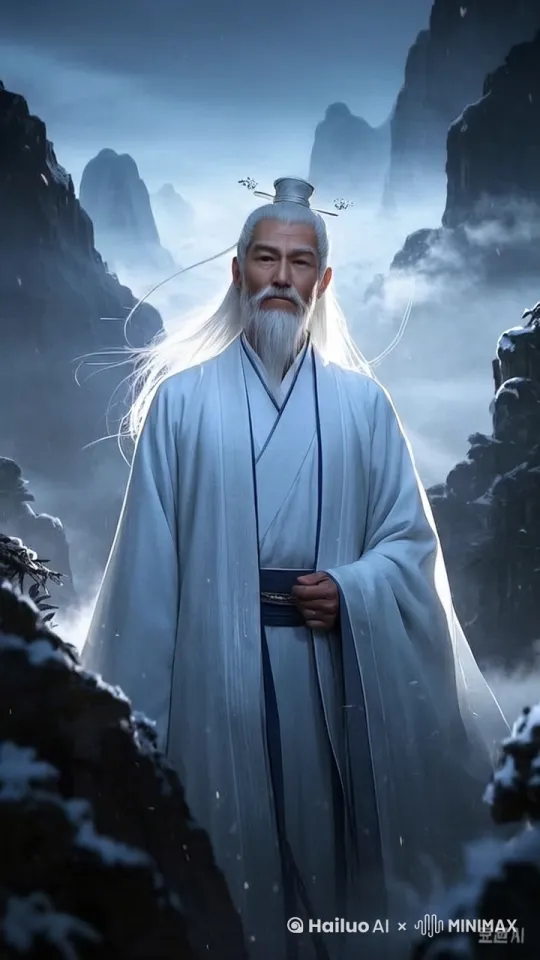 老者正在说话，面部不变，镜头保持不变，背后的云雾缓缓流动 by Hailuo AI Video Generator