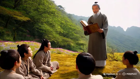 在大唐盛世，终南山一处静谧而清幽的山谷，成了医学传承的神圣之地。清晨的阳光温柔地穿透茂密的枝叶，在布满青苔的地面上洒下一片片金色的光斑。四周，五彩斑斓的野花肆意绽放，微风拂过，送来阵阵沁人心脾的芬芳。
山谷中央，一代名医孙思邈身着一袭素色长袍，衣袂随风轻扬，银白的胡须整齐地垂落在胸前，面容和蔼却又透着几分庄重。他面前，围坐着十几位年轻的医徒，他们身着简洁的粗布衣衫，神色专注而虔诚。
孙思邈轻轻翻开一本泛黄的医书，那医书的纸张虽已陈旧，却被保存得极为完好，每一页都仿佛承载着千年的医学智慧。他缓缓抬起头，目光如炬，缓缓说道：“医道，关乎生死，乃大仁术也。” 他的声音醇厚而有力，在山谷间悠悠回荡。
接着，孙思邈用手指着书中的一处记载，开始详细讲解：“看这病症，外感风寒，初起时可见恶寒、发热、头痛之症。” 他一边说着，一边用手比划着，模仿病人的症状表现，让医徒们更直观地理解。
这时，一位年轻医徒微微皱起眉头，犹豫片刻后，鼓起勇气问道：“师父，若病人本就体弱，又感风寒，用药时是否需要特别注意？” 孙思邈微笑着看向他，眼神中满是赞许：“问得好。体弱之人，用药不可过猛，需以扶正祛邪为要。” 说着，他站起身，走到一旁的药篓前，弯腰从中拿出几株草药。
“这是黄芪，可补气固表。” 孙思邈将草药递到医徒们面前，让他们仔细观察草药的形态、颜色，“在治疗此类病人时，可适当加入黄芪，增强病人的抵抗力。” 医徒们纷纷凑近，好奇地观察着，有的还伸出手指轻轻触摸草药，感受其质地。
随后，孙思邈又拿起一株草药，继续说道：“这是防风，能祛风解表，与黄芪配伍，一补一散，相得益彰。” 他一边讲解，一边将两株草药放在一起，向医徒们展示配伍的原理。
在整个过程中，医徒们全神贯注地聆听着，有的低头认真做着笔记，手中的毛笔在粗糙的纸张上沙沙作响；有的则目不转睛地盯着孙思邈手中的草药，生怕错过任何一个细节；还有的不时点头，似乎已经领悟了其中的奥秘。
山谷中，偶尔传来几声清脆的鸟鸣，仿佛也在为这场知识的传授而欢呼。阳光渐渐升高，将孙思邈和医徒们的身影拉得长长的，勾勒出一幅充满希望与传承的画面。这场传道授业，不仅是知识的传递，更是对医学精神的传承，在历史的长河中留下了深刻的印记。 by Hailuo AI Video Generator