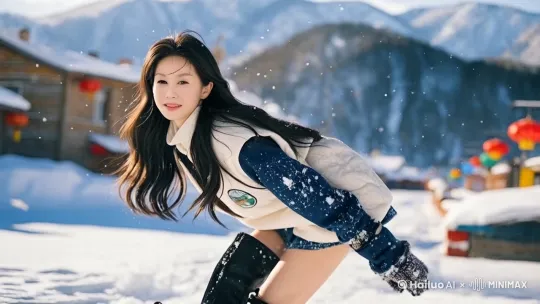 在滑雪场滑冰，滑雪场飘着雪沿跑道向下滑去 by Hailuo AI Video Generator