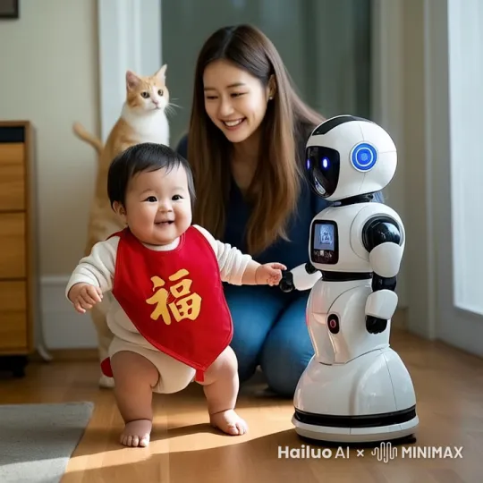 小娃娃对着机器人笑，美女抱着小黄猫呵呵笑。 by Hailuo AI Video Generator