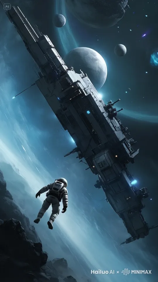 宇宙战舰在宇航员面前突然爆炸，燃起熊熊烈火。电影质感。 by Hailuo AI Video Generator