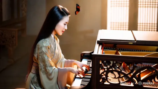 亚洲美女  蝴蝶  弹钢琴  by Hailuo AI Video Generator