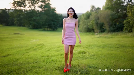 阳光明媚的清晨，一位二十多岁的东方女人，肌肤白嫩，身穿吊带短裙，脚穿红色高跟鞋，散步在青青的草原上，微风吹过，黑发随风飘扬，露出微笑向着镜头走来，镜头跟随着他的步伐向后退，镜头保持在美女的正前方 by Hailuo AI Video Generator