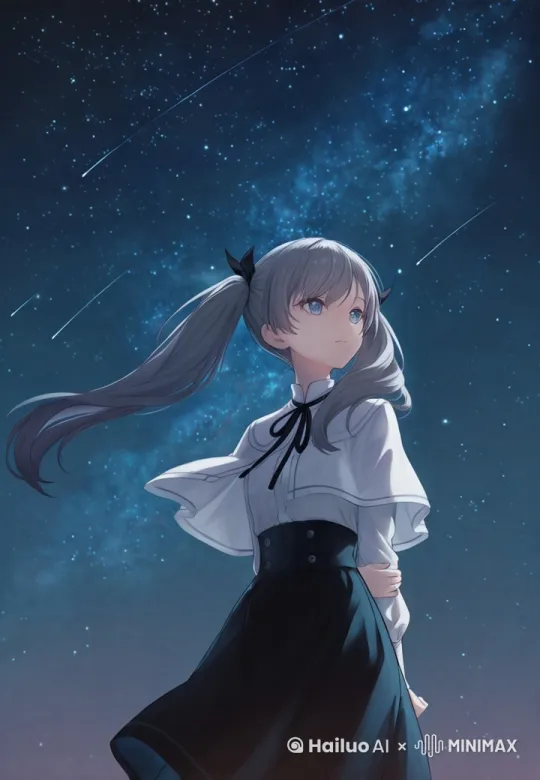 固定镜头，固定动作，女孩的衣服和头发随风摇曳，夜空不断有流星滑落 by Hailuo AI Video Generator