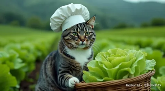 猫摸了摸蔬菜。 by Hailuo AI Video Generator