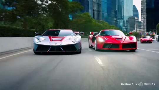 一辆兰博基尼埃文塔多SYJ和一辆法拉利拉法在马路上飙车 by Hailuo AI Video Generator