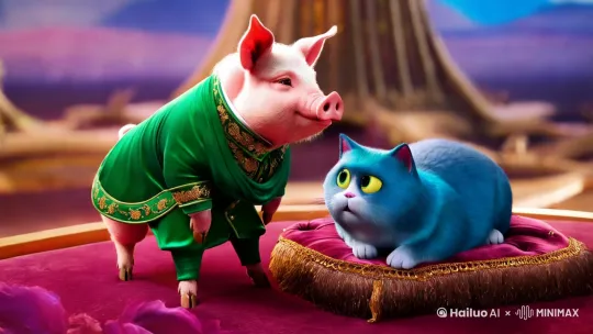 就是穿着绿色装的衣服的猪，和一只蓝色的胖猫 by Hailuo AI Video Generator