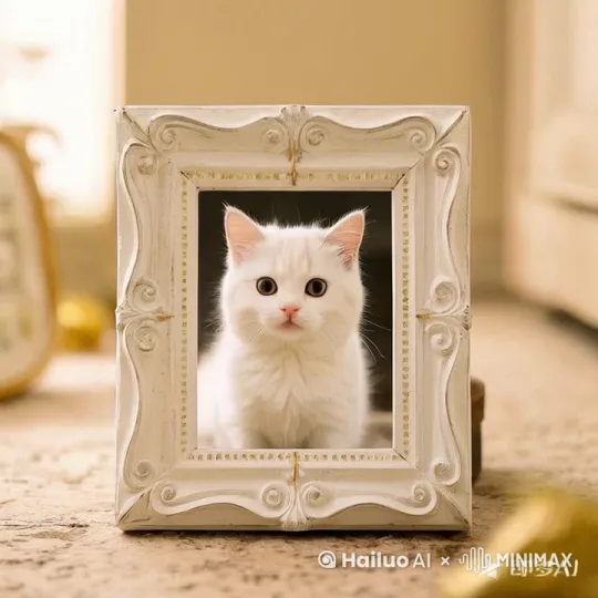 小猫从相册里走了出来，走向左边，镜头旋转拉远 by Hailuo AI Video Generator