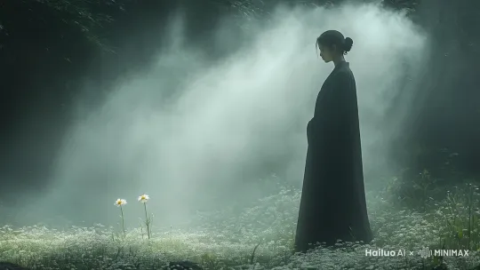 画面中的女子向前走了两步，然后低头弯腰，摘下一朵盛放的雏菊，她长袍轻轻摆动，雾气在她周围缓缓流动，增添了几分朦胧美感，光线穿透薄雾，洒落在花田上，营造出一种梦幻般的氛围，让人仿佛置身于童话世界之中。整个视频通过固定视角的拍摄，捕捉到了女子与自然和谐共处的美好瞬间，每一帧都是对美的极致追求。 by Hailuo AI Video Generator