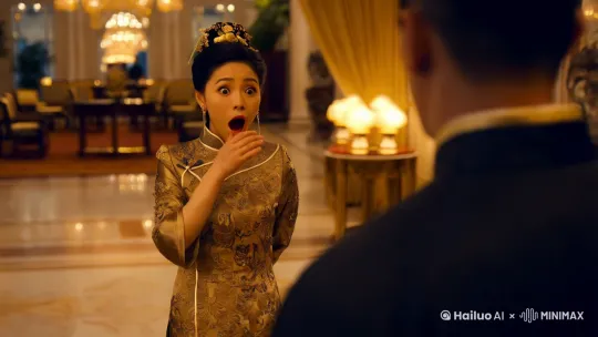 过肩镜头，酒店大堂，女人穿着旗袍，看到迎面而来的男人捂着嘴表示震惊，戏剧性丰富，表情丰富 by Hailuo AI Video Generator