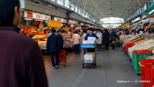 快递员在批发市场送快递 by Hailuo AI Video Generator