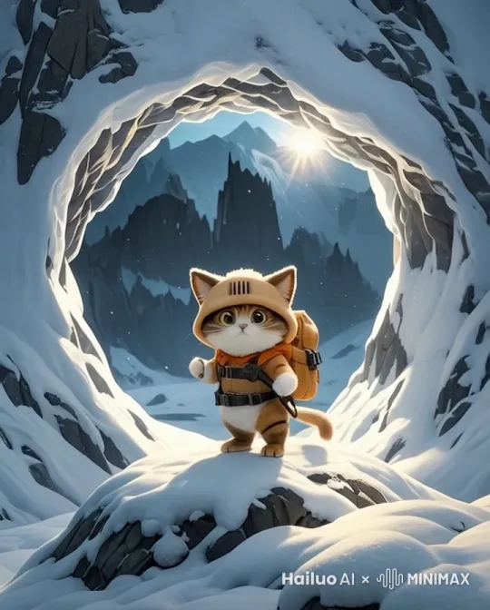 在雪山顶上的猫猫发现了一个通往神秘洞穴的洞口,一个冰雪环境中的洞穴。洞穴周围是厚厚的积雪,积雪呈现出白色,质地看起来较为坚硬。洞穴内部较为黑暗,洞口边缘的冰雪有些破碎,显示出自然侵蚀的痕迹。黑暗而诡异的内部散发着微弱的光芒,露出洞穴状的剪影,杰作,最佳质量,4k,详细的角色,详细的环境,雪景,悬疑的氛围,详细的纹理,插图风格。 by Hailuo AI Video Generator