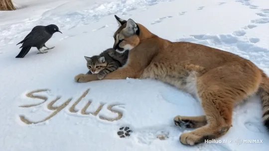 乌鸦飞走，狞猫舔舐着小猫，下雪 by Hailuo AI Video Generator
