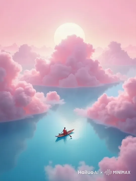 云彩缓缓流动，太阳的光线在水面上形成波光粼粼的效果。人物在小船上轻轻划桨，水面泛起涟漪，与云彩的倒影交织。   by Hailuo AI Video Generator