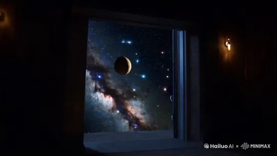 手拉开门，原来门后面是浩瀚的宇宙，一颗颗灼热的大小不一的恒星释放着射线，一颗颗行星围绕着各个恒星旋转着，一颗巨大的彗星带着巨大的亮眼轨迹自下而上，自左而右划过，浓密的碎块形成一条犹如天河般细带 by Hailuo AI Video Generator