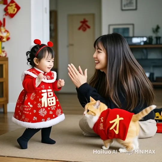 小娃娃拍手笑，美女拍手笑，小猫跳来跳去喵喵叫。 by Hailuo AI Video Generator