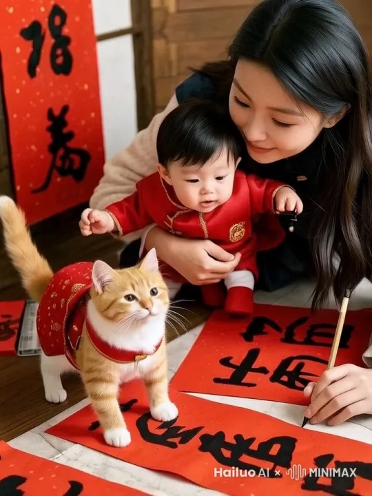 美女写好对联，抱起小娃娃呵呵笑小猫开心的蹦蹦跳跳。 by Hailuo AI Video Generator