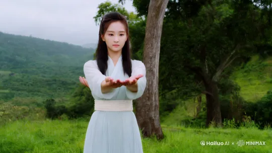 全景拍摄，中镜头，20岁美丽女人，两手凭空出现了很多水汽，慢慢汇聚在手掌之间，当汇聚成拳头大小时，女子抬手向前推去，水球被发射出去，碰撞到树干同发生爆炸破碎，画面色调自然写实。 by Hailuo AI Video Generator