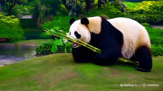 一只可爱的大熊猫在动物园里慵懒的吃着竹子，另一支大熊猫过来和其争抢捣乱。8K，超广角镜头，大师级作品。 by Hailuo AI Video Generator
