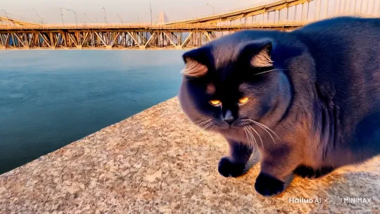 生成一个蓝色的胖猫跳下了重庆长江大桥 by Hailuo AI Video Generator