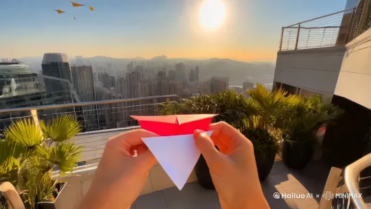 在一座大楼的最高处露台上，一双手拿着一个红色的纸飞机放飞出去，和万千只五颜六色的纸飞机一起的阳光下翱翔 by Hailuo AI Video Generator