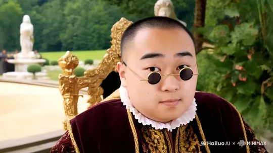 镜头保持不动，身着一身华丽的欧洲中世纪贵族礼服、喝着咖啡，优雅地观看相扑比赛 by Hailuo AI Video Generator