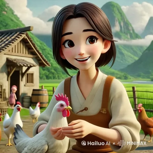 苏霜穿着朴素衣物，微笑着在乡村小屋前喂鸡，背景为青山绿水 by Hailuo AI Video Generator