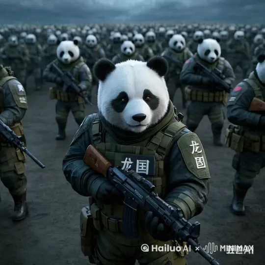 远景高空拍摄，熊猫战士方队，由远处走来，胸前端着冲锋枪，眼睛看着前方，坚定，步伐统一。 by Hailuo AI Video Generator