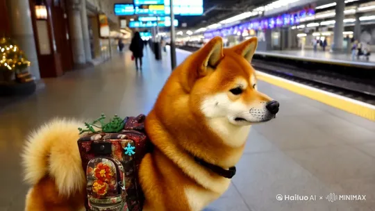 一只柴犬 背着双肩包 在火车站 等火车 回家过年 15秒视频 by Hailuo AI Video Generator