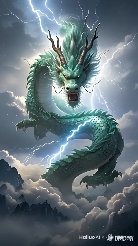 龙头一直威武雄壮霸气的咆哮 ，电扇雷鸣，龙一直咆哮着转身，转动，扭动自己的身体，龙头正面对着露出凶猛飙汗的张开嘴巴威武雄壮霸气的咆哮 仿佛要展现龙的雄武威严霸气 by Hailuo AI Video Generator