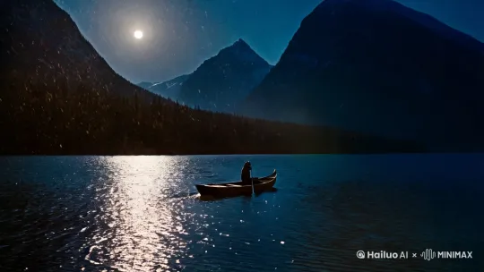 山水画 黑夜里 月亮的光倒映在湖面上  两座山峰的虚影高然耸立 一个船夫滑着小船在湖面上缓慢的游动 天空下着小雪 by Hailuo AI Video Generator