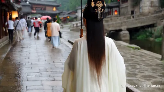 一位古风美女背对镜头，走在一条长长的街道上美女身穿月白色古代布衣汉服，形象端庄，眉清目秀，亭亭玉立，长发飘飘，古代发髻，头戴精致发饰，画面细雨绵绵，女子举着雨伞，街上行人匆匆，画面有小河，有建筑，有古朴石桥，地面石板路，光线柔和，镜头固定，高清画质，影视古风 by Hailuo AI Video Generator