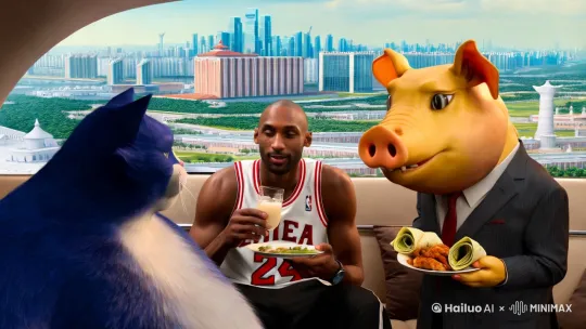在平壤一只蓝色的胖猫和nba24号球星科比布莱恩特和一个黄色人型胖胖的龙一起在直升机上边吃老北京鸡肉卷和豆汁辱骂一头在平壤穿着西装的猪 by Hailuo AI Video Generator