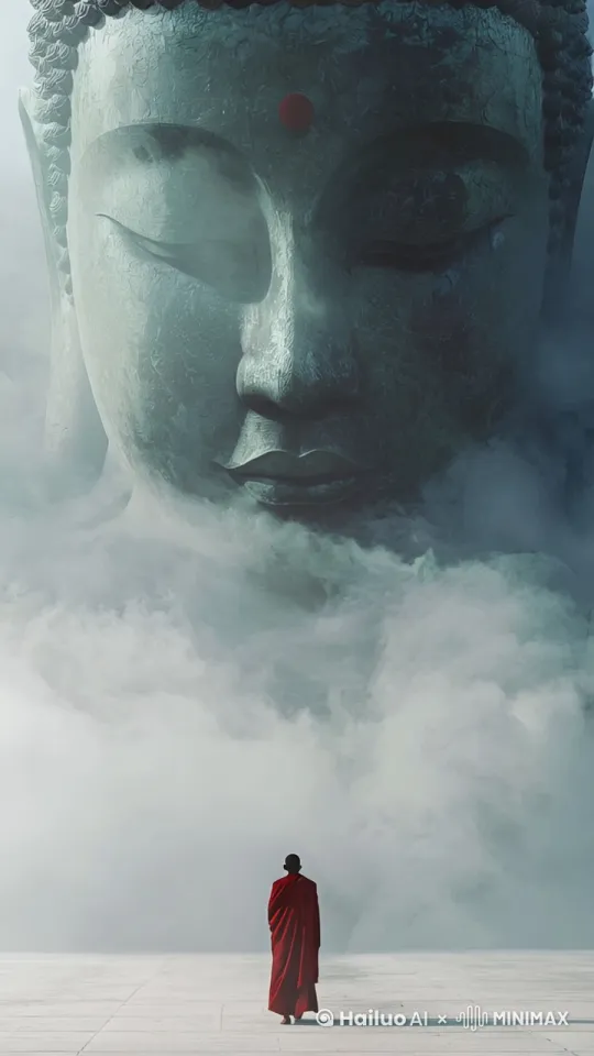云雾缭绕，僧人慢慢走向远方的大佛 by Hailuo AI Video Generator