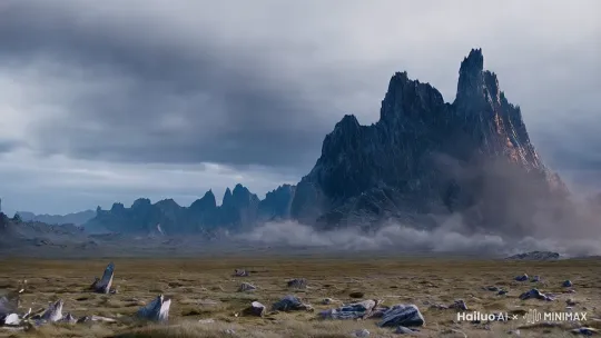 在一片混沌的天地间，一座巍峨雄伟的大山脉，宛如巨龙般横亘于大地之上，却在瞬间遭受了某种不可抗拒的、惊天动地的巨大力量的猛烈冲击，瞬间土崩瓦解，化作无数纷飞的碎石与尘埃，往昔的壮美与坚固荡然无存。镜头从那些从破碎边缘坠落的、棱角分明、带着山体原始纹理与色彩的碎石开始，以一种缓慢而稳定的节奏，缓缓推移，逐渐聚焦，直至定格在一个黑魔导师的上半身画面。只见他身着一袭暗色长袍，袍身之上神秘的符文若隐若现，闪烁着幽幽光芒，仿佛蕴含着无尽的魔力。他面容冷峻，眼神中透着一股掌控一切的自信与狂傲，单手前伸，手掌张开，掌心处散发着幽暗而强大的魔力波动，似乎这眼前这番山崩地裂、震撼人心的巨大破坏，正是他以深不可测的魔法力量所施展的惊世特效，是他对世间万物的绝对主宰与肆意蹂躏的明证。 by Hailuo AI Video Generator