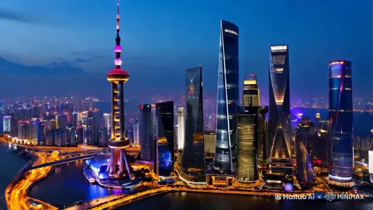 上海陸家嘴地標建築群，空中俯瞰，360°旋轉，空中綻放絢麗煙花，祝賀新年快樂 by Hailuo AI Video Generator