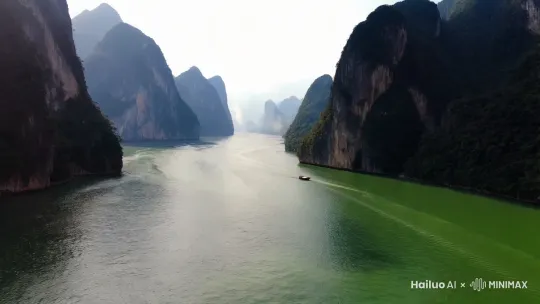 Zhang Kechun, concept light and shadow, Three Gorges, high mountains on both sides, green and tranquil water flowing through the gorge, a boat drifting downstream, aerial view from above, the image depicts a vast and serene atmosphere, high definition, best quality. by Hailuo AI Video Generator