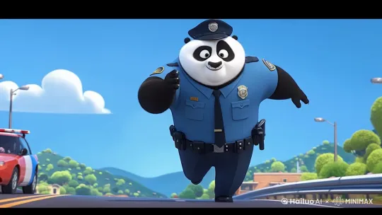 跟踪拍摄，熊猫警察极速往前跑，好像是追赶什么，一边跑一边好像在说着什么，景物随之后移，路边风景优美，画质高清，动作表情自然 by Hailuo AI Video Generator