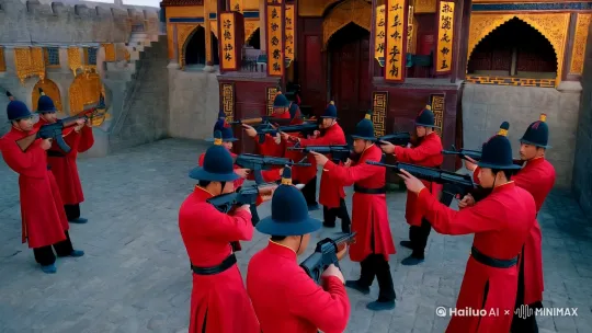 画面中是一群身穿明朝红色飞鱼服的锦衣卫，大概有十个人，手里拿着AK47，正在攻打一座奥斯曼帝国风格的城池。镜头由远及近，然后由高到低。 by Hailuo AI Video Generator