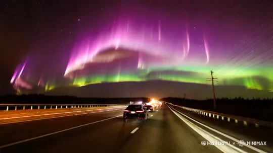 公路上来往行驶的车辆、绚烂的极光、紫色为主色调、粉色点缀、星空、超现实主义、浪漫氛围、神秘深邃等 by Hailuo AI Video Generator