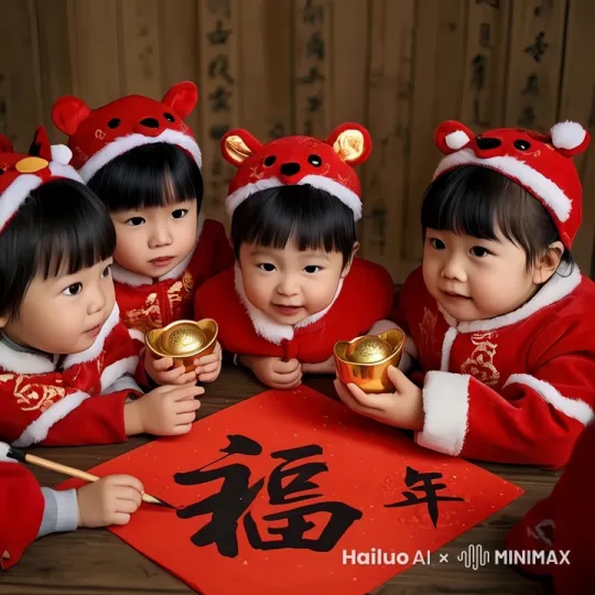 小孩们看着写出来的字画笑哈哈的，并且中间的小孩举起了字画给大家看 by Hailuo AI Video Generator