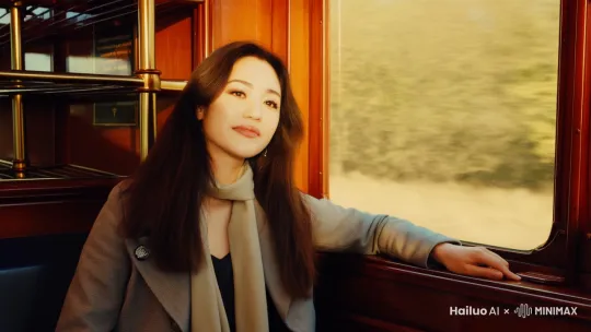 忙碌了一年的青年女子 坐上回家的火车 望着窗外，身上虽然充满着旅途的疲惫，面容却是充满期待 by Hailuo AI Video Generator