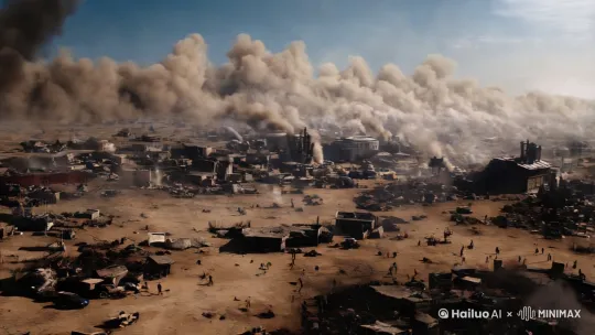 战火纷飞，景别：全景
视频画面内容：“在这惊心动魄的地球保卫战中，展现出一幅令人震撼的全景画面。辽阔的陆地战场上，硝烟弥漫，火光冲天，废墟中还冒着滚滚黑烟。倒塌的建筑、损毁的车辆和四处奔逃的人群，无不显示着战争的残酷。天空中，巨大的外星母舰威严地悬浮着，它那庞大的金属身躯在阳光的折射下散发着令人胆寒的冷光。母舰表面布满了复杂的纹路和闪烁的信号灯，突然，其前端的炮口汇聚起强大的能量，炮口闪烁着火红的炫光，瞬间一道炫目的强力光束瞬间发射而出，耀眼的光芒带着毁灭的气息直冲向地球。，却不屈不挠战斗最后一刻 by Hailuo AI Video Generator