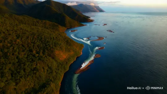 航拍，大远景，江河水流入海里 by Hailuo AI Video Generator