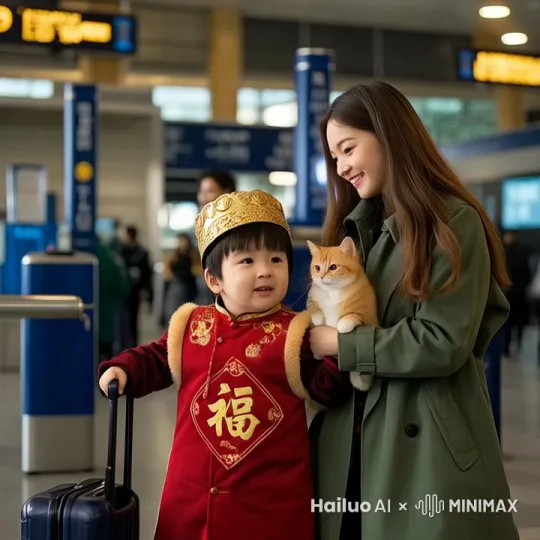美女呵呵笑，小猫喵喵叫，娃娃呵呵笑，一起向前慢慢走。超清 高分辨率 电影版。 by Hailuo AI Video Generator