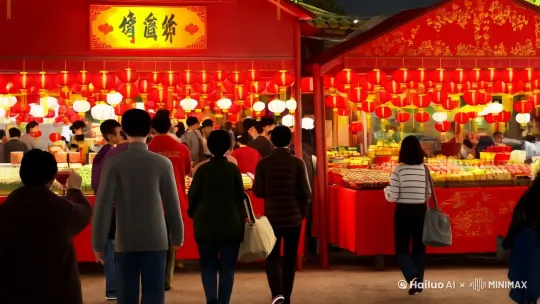 生成晒年味的短视频16.9时长15秒，有场景市场人群众多购物家中一桌大餐，全家老少举杯换盏吃饭，饭后全家老小在室外放喜庆的烟花爆竹场面壮观 by Hailuo AI Video Generator