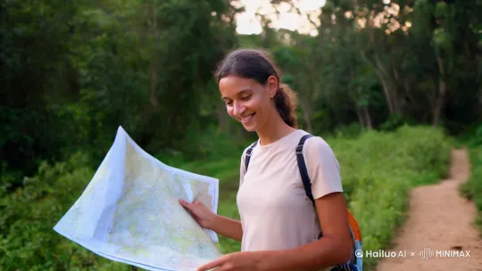 我兴奋地踏上旅途，手里握着一张地图，向你欢快地招手。真实感，互动性，标准速度摄像机，宏观镜头，美学体验。 by Hailuo AI Video Generator